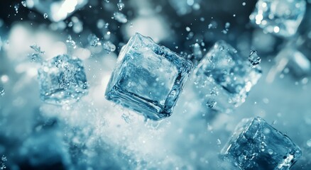 Ice Cubes Falling into Water Splash with Blue Tones and Bubbles