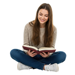 Fototapeta premium Young woman sitting cross legged enjoying a book with a gentle smile isolated on transparent background