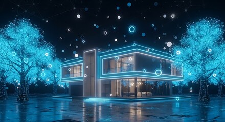 Futuristic modern house illuminated by neon lights and digital data streams
