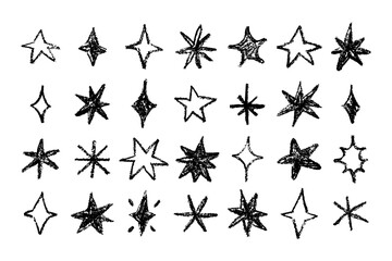 Hand drawn chalk stars set. Vector crayon line texture. Funny twinkle icons. Childish illustration