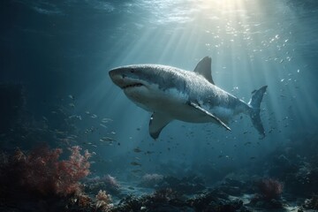 Fototapeta premium Majestic shark swimming gracefully through clear ocean waters surrounded by small fishes and vibrant coral formations during midday sunlight