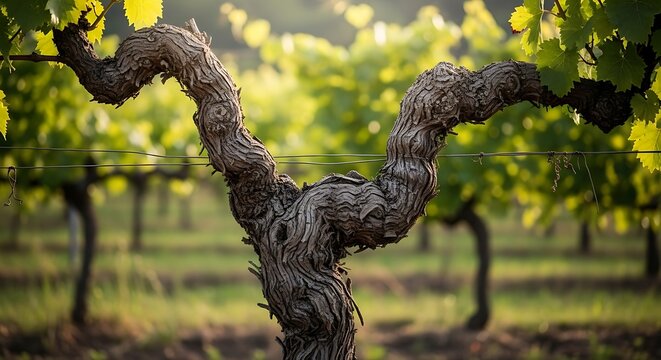 Close-up of gnarled grapevine trunk with lush vineyards in the background showcasing viticulture