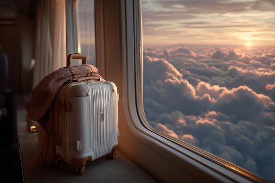 Travel suitcase rests by an airplane window as the sun sets over a sea of clouds during a memorable journey