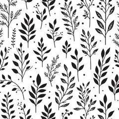 Black and white seamless floral pattern with leaves for fabric or wallpaper design