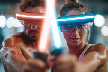 Sword-fighting workout in virtual reality with participants wearing headsets