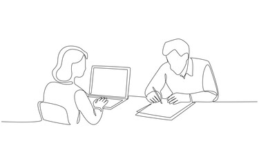 Continuous one line drawing showing female employee typing and telling her client to fill out form, contracting with customer concept, single line art