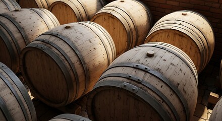 Close-up of wooden wine barrels in a cellar showcasing craftsmanship and aging process, rustic and