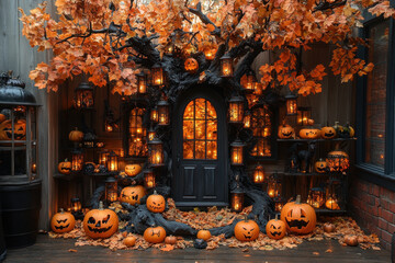 Obraz premium Halloween tree adorned with pumpkins and candles.