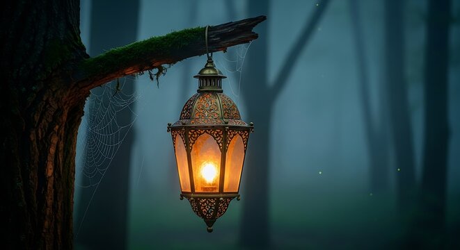Ornate vintage lantern glowing warmly in a misty enchanted forest
