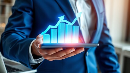 Businessman holding tablet with glowing blue bar graph and rising arrow image