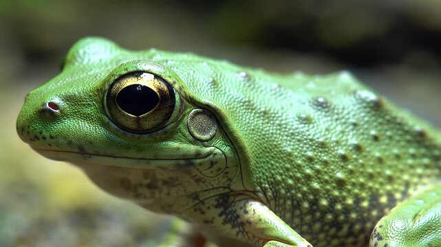 Vibrant Green Frog Close-Up: Detailed Side Profile of a Tropical Amphibian with Prominent Eyes and Textured Skin in Natural Habitat