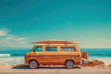 Road trip adventure on a coastal highway featuring a vintage van with surfboards ready for a day of fun in the sun