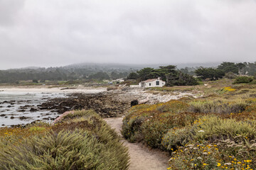 Spanish Bay Vista Point. 17-Mile Drive is a scenic road through Pebble Beach and Pacific Grove on the Monterey Peninsula in California.