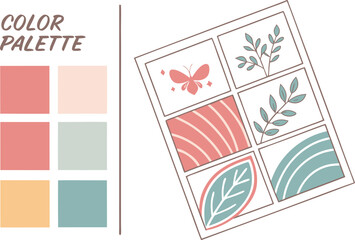 Aesthetic color palette featuring soft coral peach sage green and mustard yellow with botanical and butterfly motifs