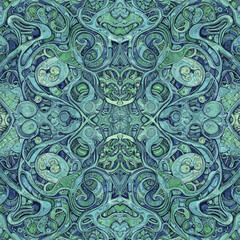 Intricate teal and green abstract pattern with swirling organic shapes and mesmerizing symmetrical composition for backgrounds