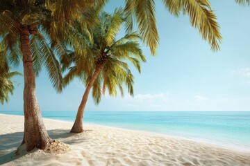 Idyllic tropical sand beach with palms and clear blue waters inviting relaxation and escape from daily life