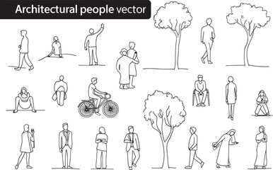 Architectural People Vector Graphic with Trees and Various Human Figures in Outline Style for Creative Design Projects