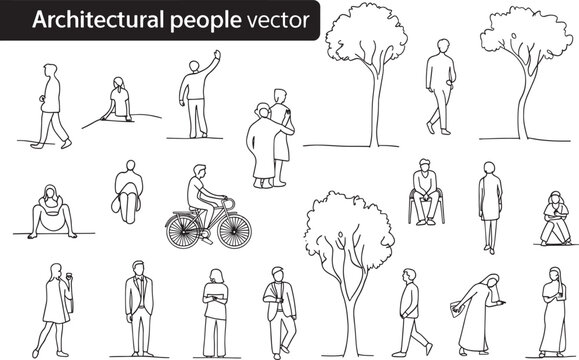 Architectural People Vector Graphic with Trees and Various Human Figures in Outline Style for Creative Design Projects