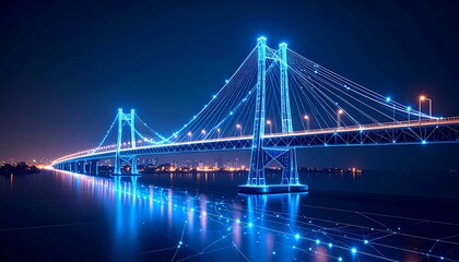 Night scene of a suspension bridge illuminated with blue digital network lines reflected in calm water