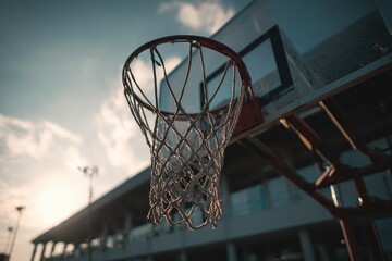 Low angle shot of a basketball hoop against a sunset backdrop near a stadium with a clear sky and distant buildings visible