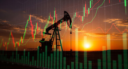 Financial graph against the backdrop of an oil pump silhouette at sunset, showing industry growth and market volatility