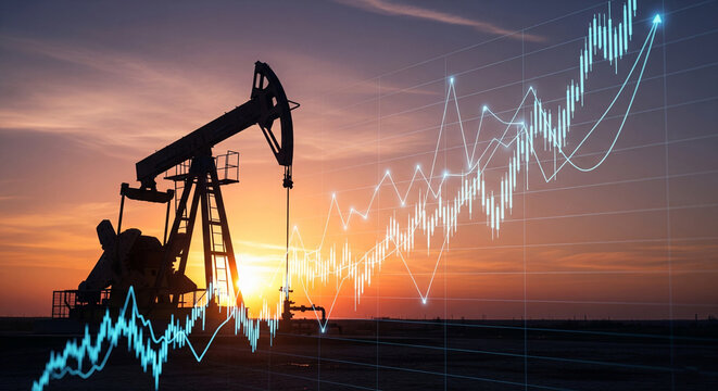 Financial graph against the backdrop of an oil pump silhouette at sunset, showing industry growth and market volatility
