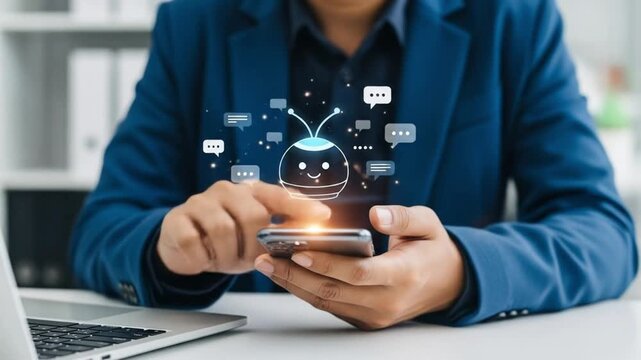 A person using a smartphone with a glowing chatbot icon and speech bubbles emanating from it, representing aipowered communication and digital assistance in business