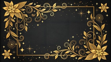 abstract golden floral border frame on black paper texture with glitter stars , oriental decorative frame,ornamental luxury social media background. 