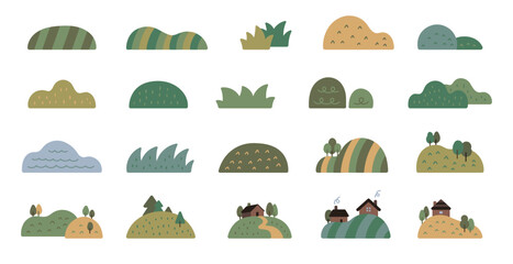 Landscape set in scandinavian style with hill, field, bushy, grass, forest trees, countryside houses, paths and rural natural decor and for your creative designs projects