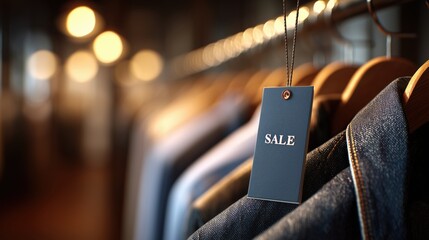 Sale sign on clothing rack displaying stylish apparel in a well-lit boutique during a shopping event