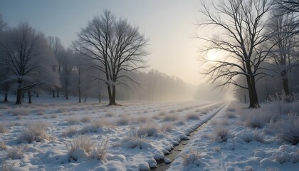 Obraz premium Serene winter landscape with snow-covered trees and misty morning sunlight creating peaceful natural beauty