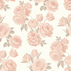 Seamless floral pattern with vintage roses and tulips in pastel colors for textile and wallpaper design, elegant botanical background