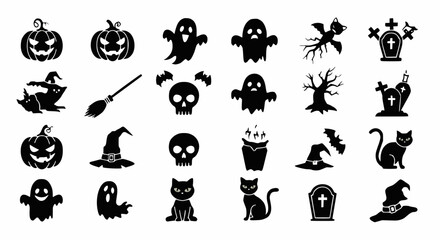 Black Halloween Silhouettes: Pumpkin, Ghosts, Bats, Witch, Cat, Skull Icons