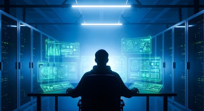 Cybersecurity Expert Working in a Futuristic Data Center with Glowing Blue Screens
