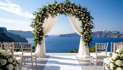 An outdoor wedding ceremony setup on a seaside terrace bathed in golden sunlight