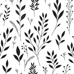 Black and white seamless floral pattern with leaves for fabric or wallpaper design