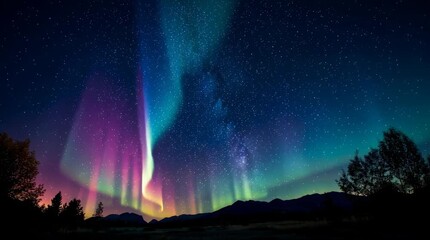 Stunning green and blue Northern Lights fill a starry sky, captured from the ground. A cosmic, sci‑fi inspired scene showcasing nature’s beauty and the wonders of the universe.