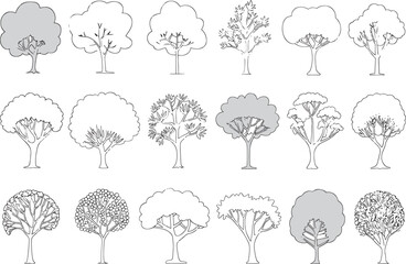 Collection of Outlined Tree Illustrations Demonstrating Variety and Different Shapes for Forest and Nature Concepts Line Art Graphics