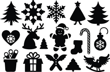 Collection of black christmas silhouettes on white background