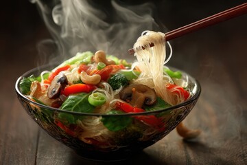 Warm and inviting bowl of glass noodles with fresh vegetables and cashews, ready to be enjoyed in a cozy setting