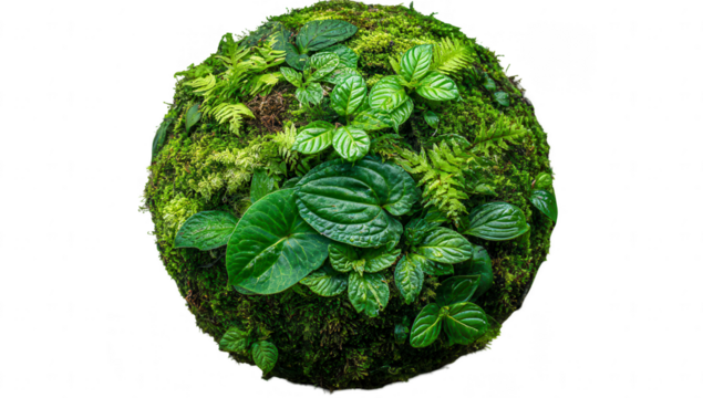 Lush, green sphere of moss and diverse plants