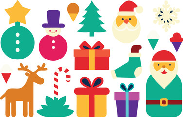 Colorful christmas icons featuring santa claus and festive decorations