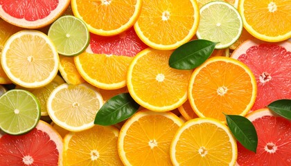 Top-down view of vibrant citrus slices—orange, grapefruit, lemon