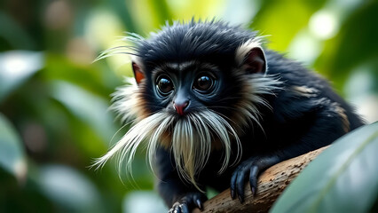 Fototapeta premium An Emperor Tamarin (Saguinus imperator) in a lush, green forest setting