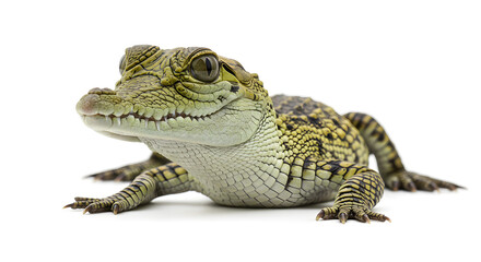 Obraz premium 白い背景に輝くワニの子、愛らしい瞳と模様. AI Generated
