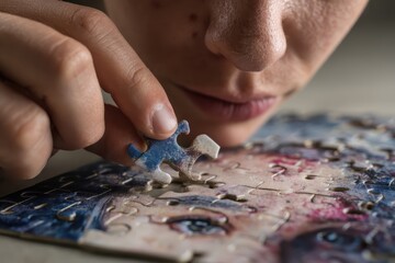 Engaged individual placing final puzzle piece into an intricate mosaic banner reflecting themes of autism awareness