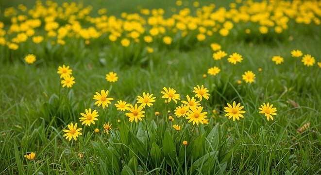 Field of golden groundsel flowers blooming in a vibrant meadow with green grass during the