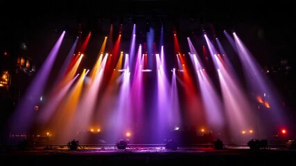 A vibrant stage illuminated by colorful spotlights in blue, purple, orange, and pink, creating a dynamic and energetic atmosphere for a live performance.