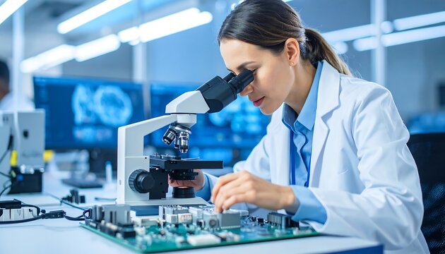 Scientist examines circuit board - Powered by Adobe