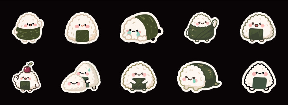 A set of cute cartoon onigiri, vector illustration collection of Japanese rice balls with nori and funny facial expressions.